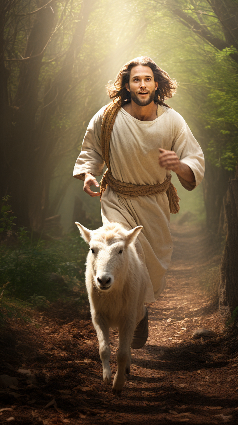 Jesus Christ running after a lost sheep