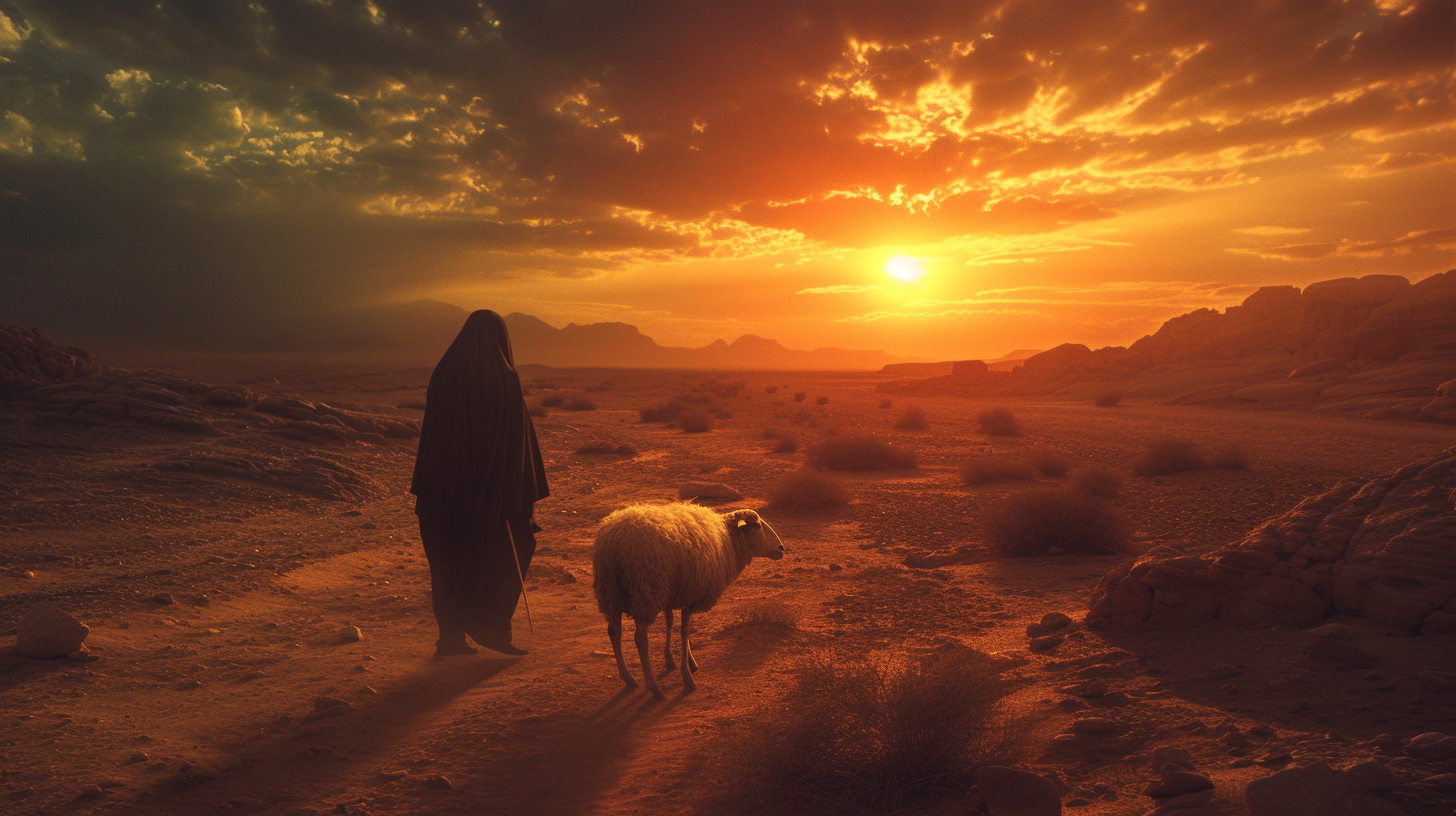 Jesus Christ saving lost sheep in dark fantasy desert