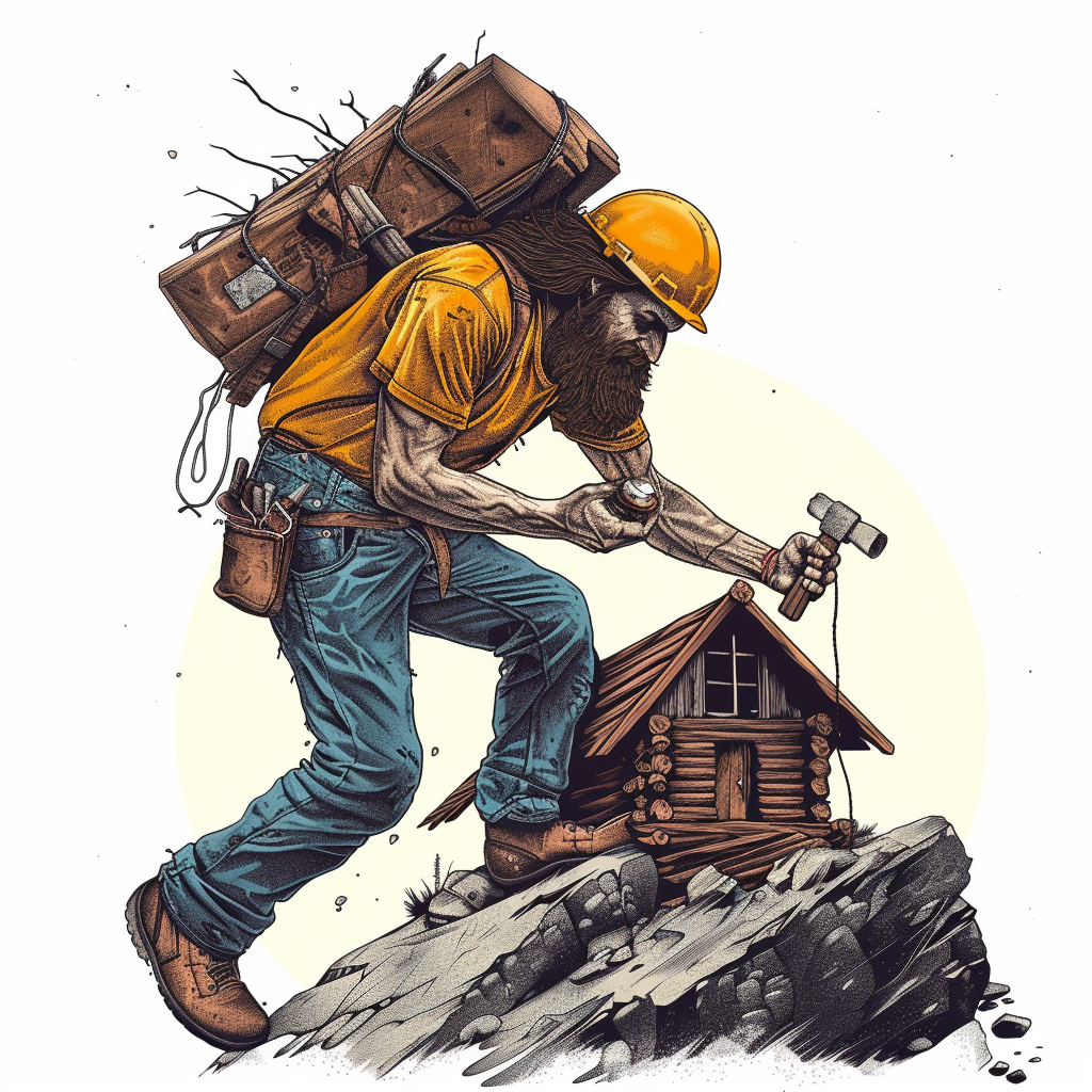 Jesus construction worker hammering a house