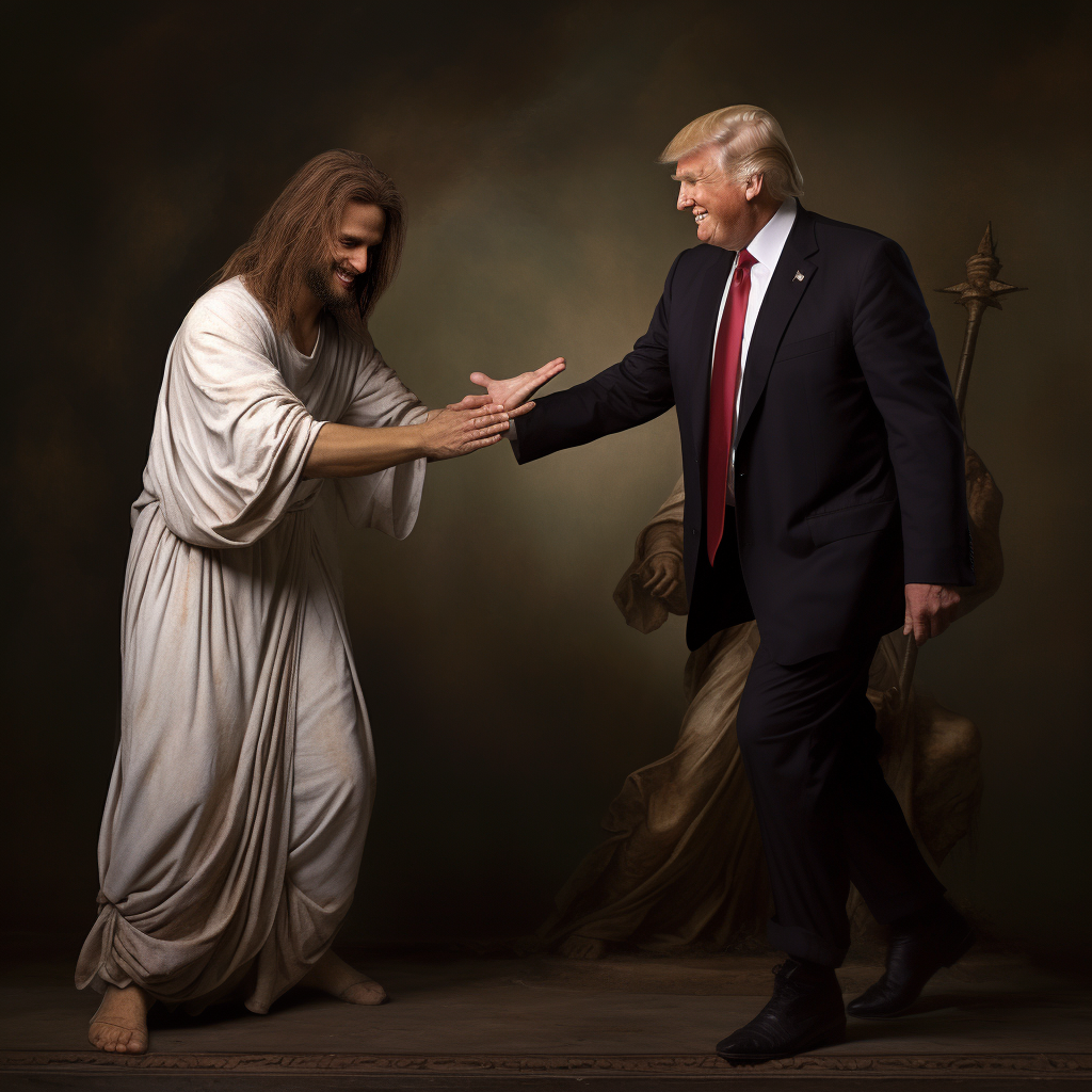 Jesus and Donald Trump high-five while laughing