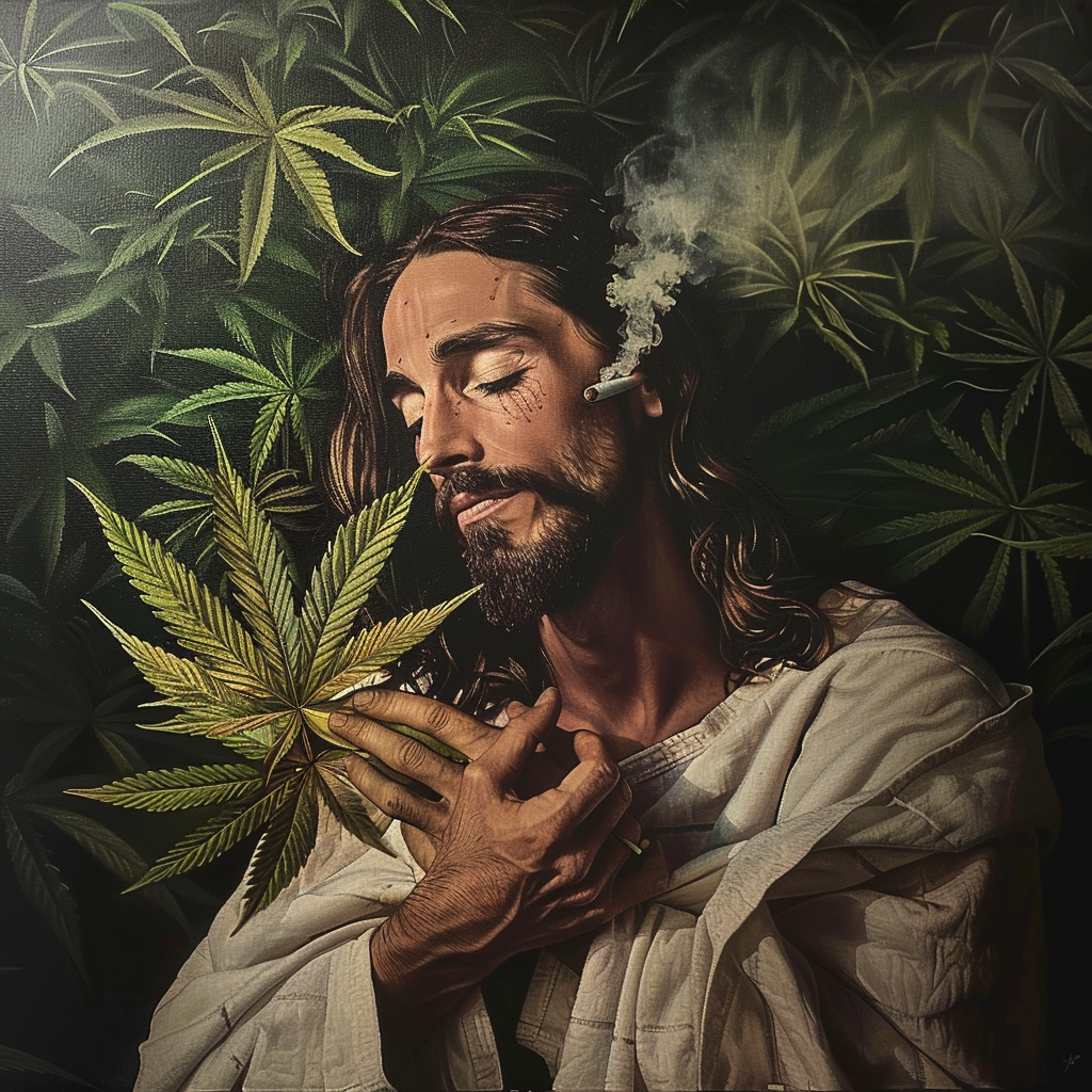 Jesus with weed leaf smoking