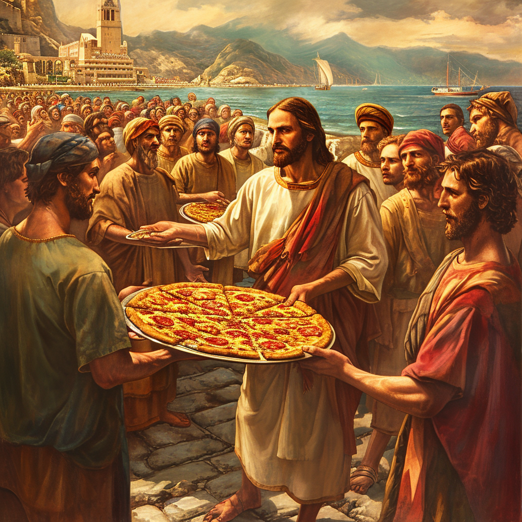 Jesus Feeding 5000 with Pizzas