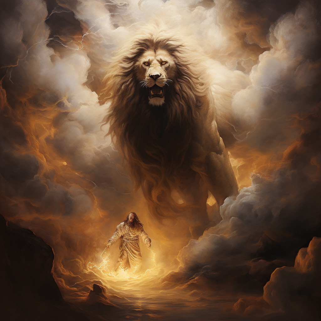 Divine Jesus with majestic lion in fire clouds