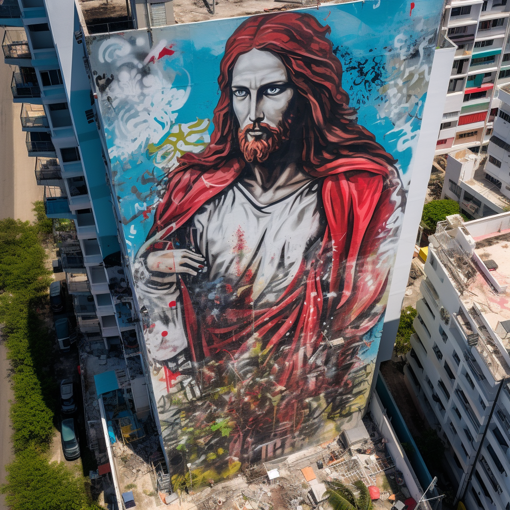 Graffiti art of Jesus on a skyscraper