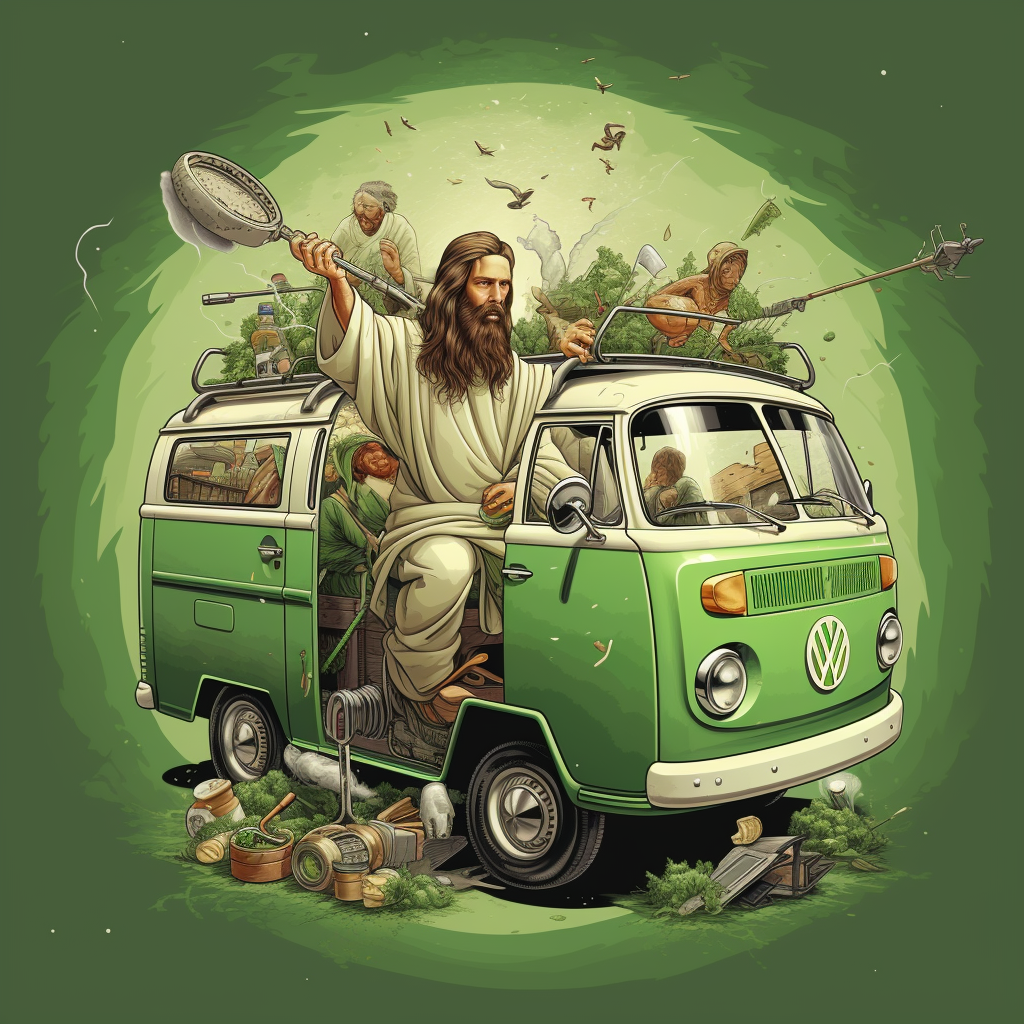 Jesus in Green Van with Golf Clubs