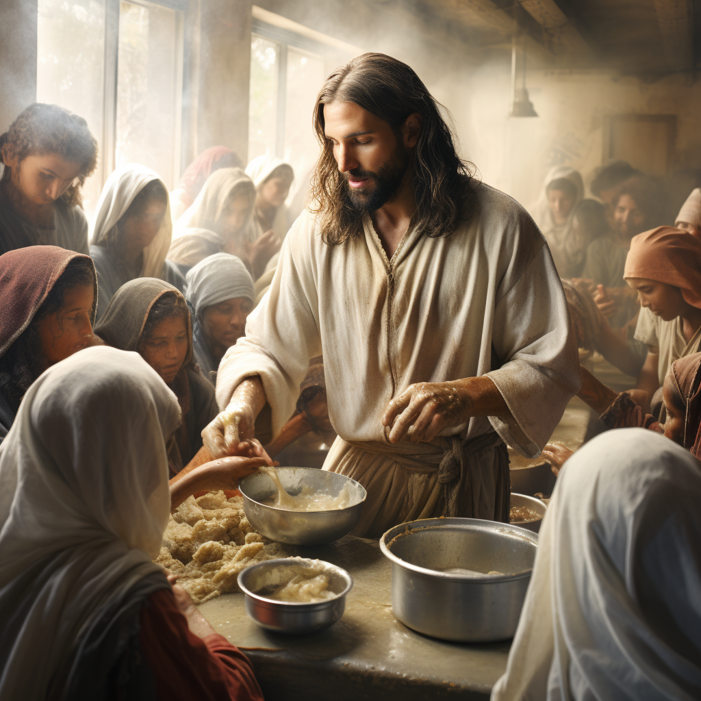 Jesus helping in soup kitchen