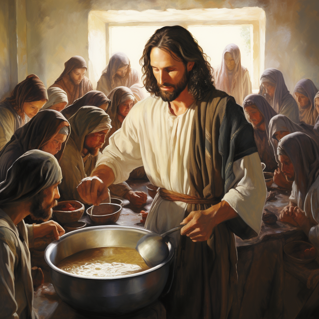 Jesus helping in a soup kitchen