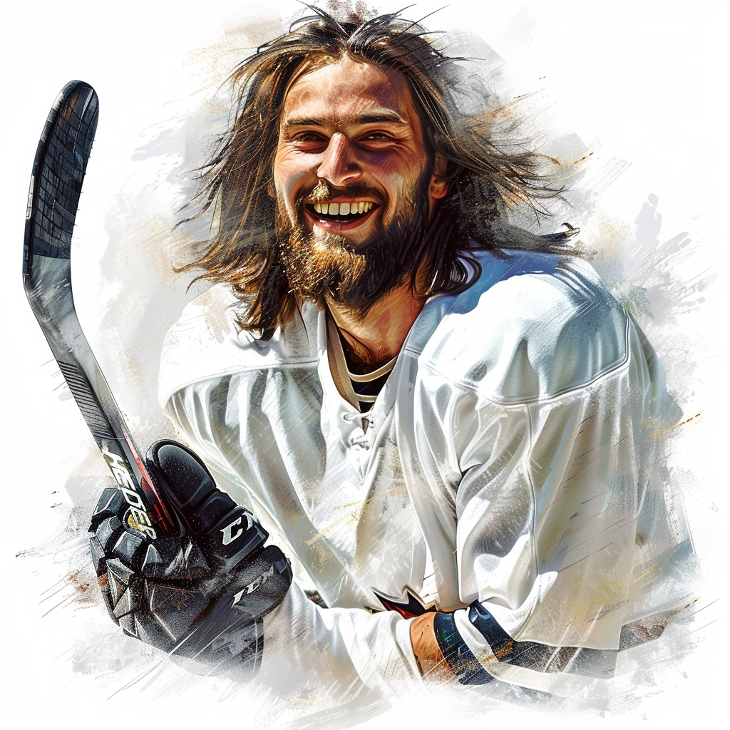 Jesus playing hockey with smile