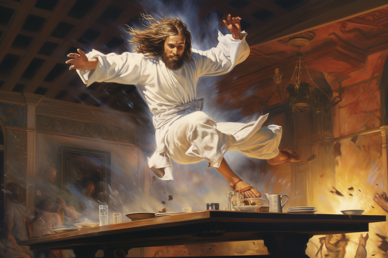 Jesus kick flipping over a table