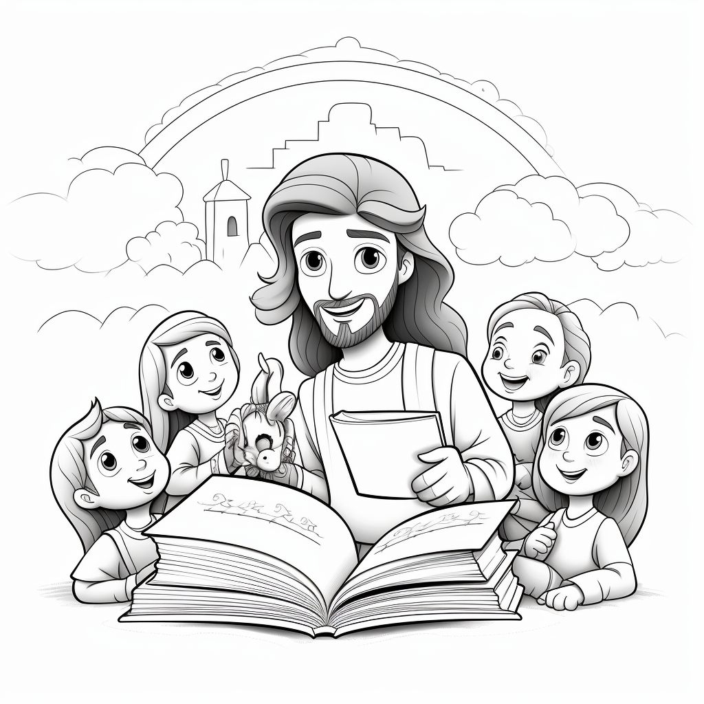 Cartoon Jesus with Kids Learning Bible Stories