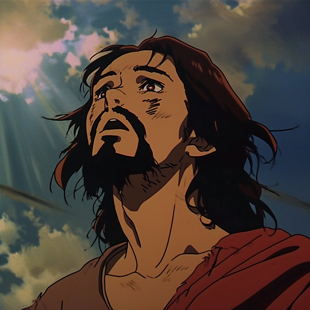 Jesus Looking Up Dark Fantasy Anime