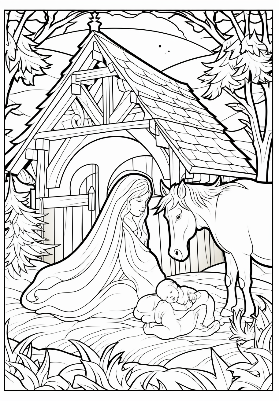 Coloring page of Jesus' manger scene