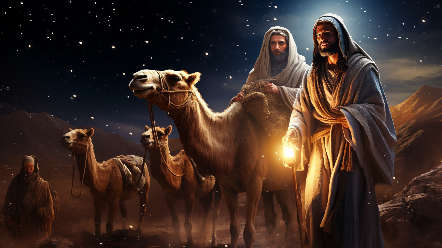 Surreal depiction of Jesus in a Manger with Wise Men