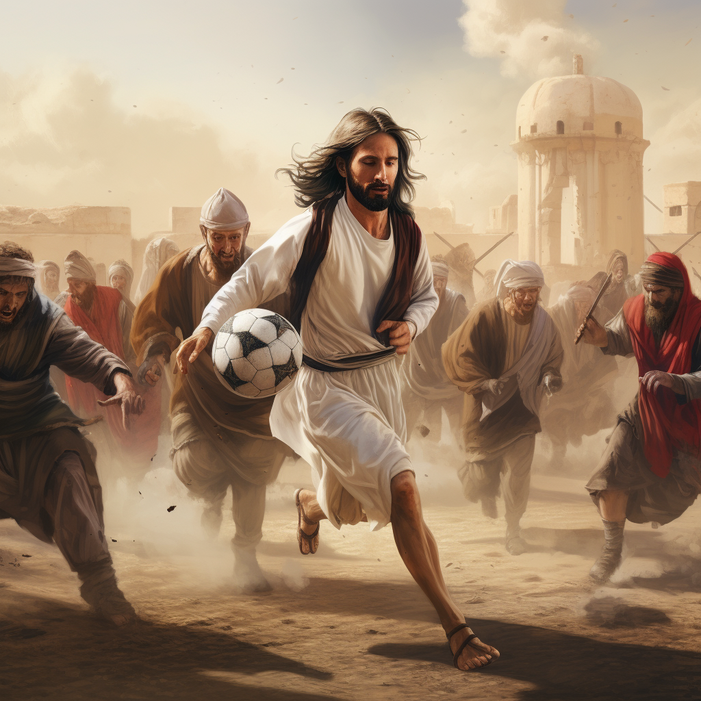 Jesus playing soccer with religious leaders