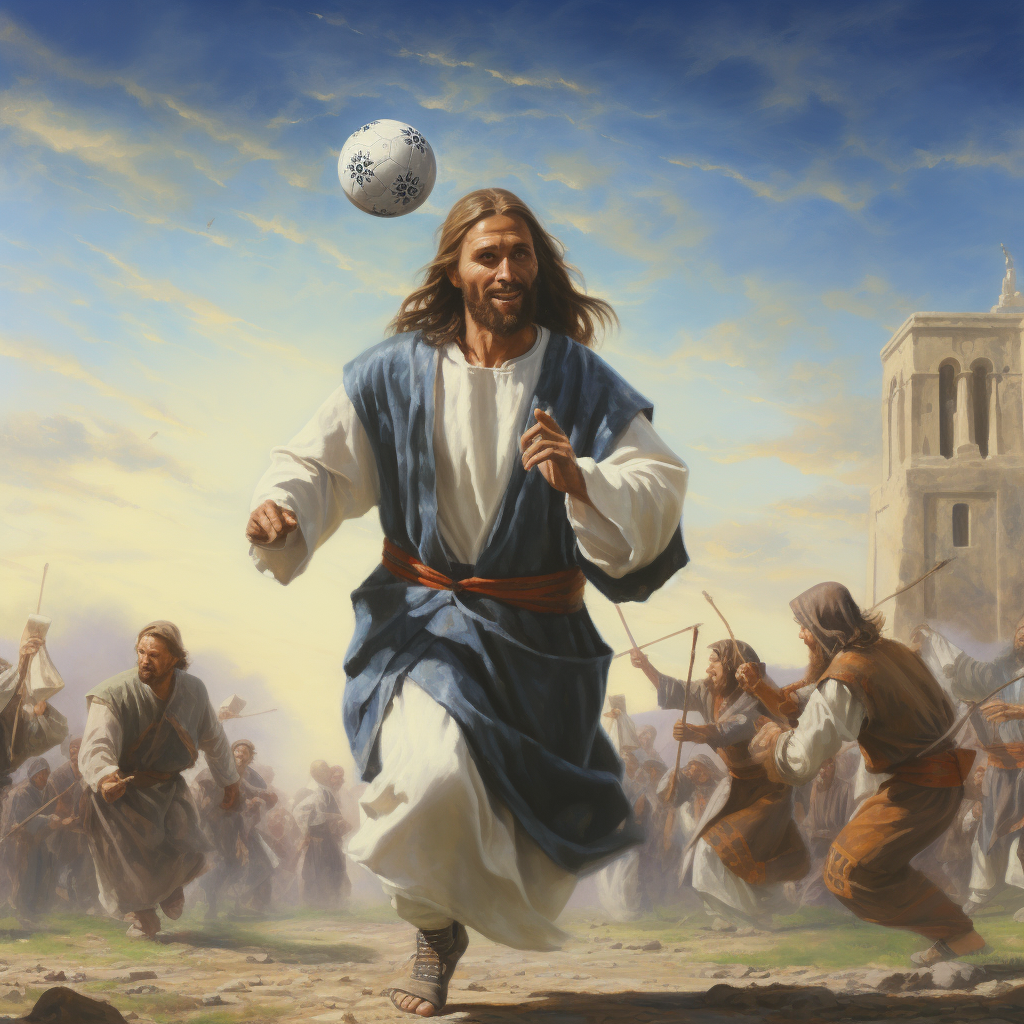 jesus playing soccer with religious leaders