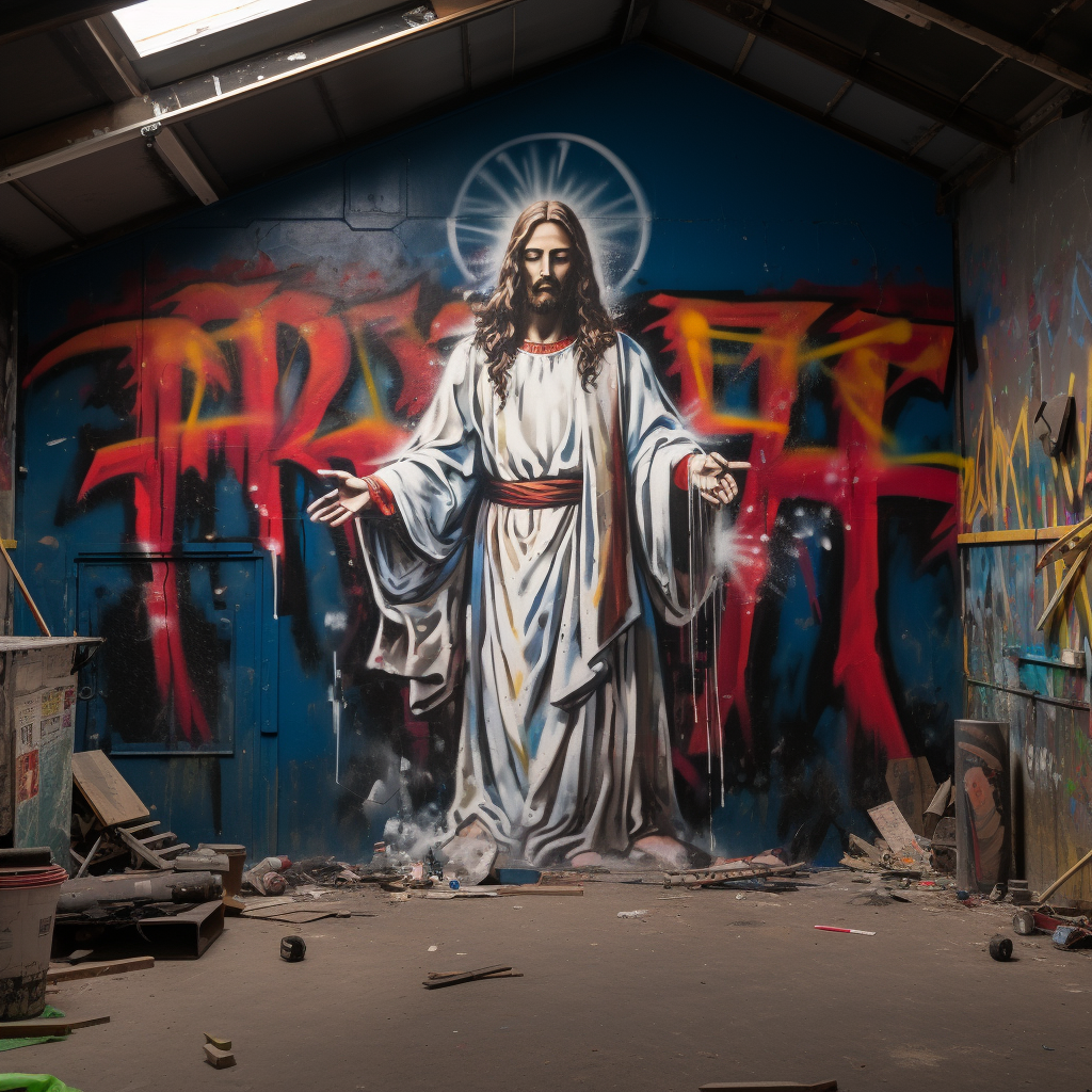 Graffiti art of Jesus painting the word 'pray'