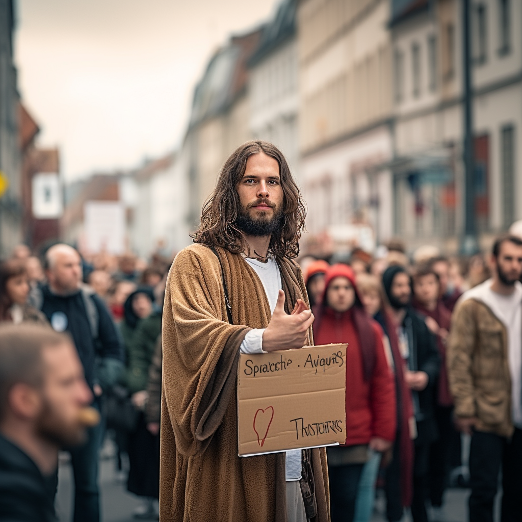 Jesus at Peace Demonstration with Stop Sign