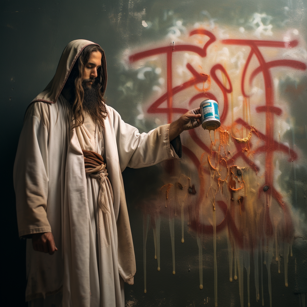 Jesus painting 'pray' with spray paint