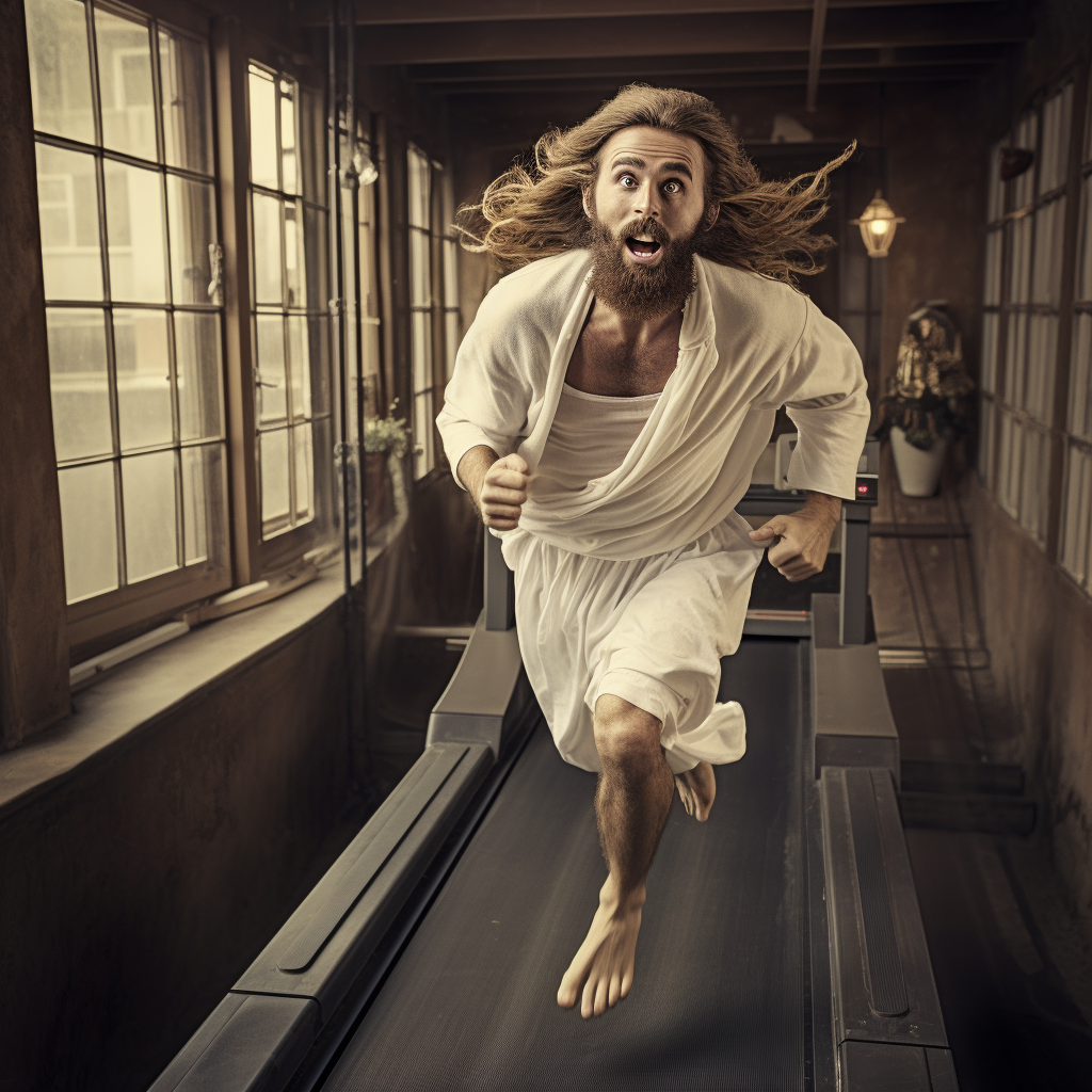 Jesus running on treadmill