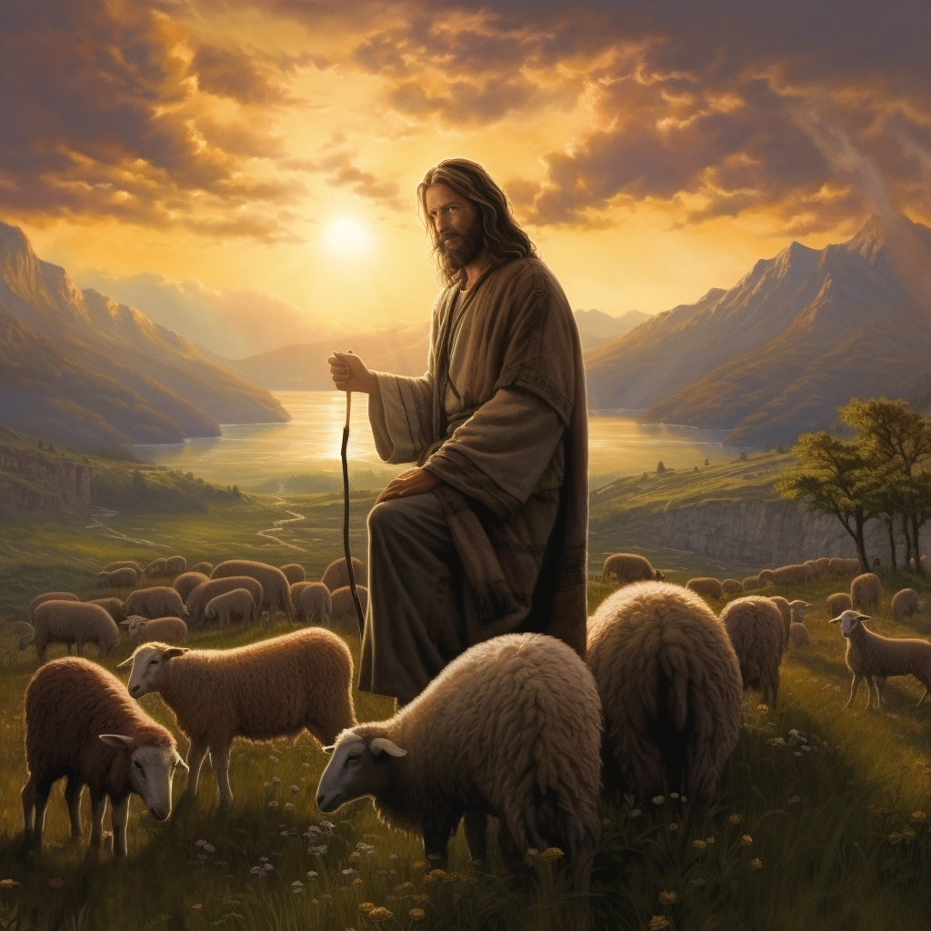 Jesus with Sheep in Meadow at Sunset