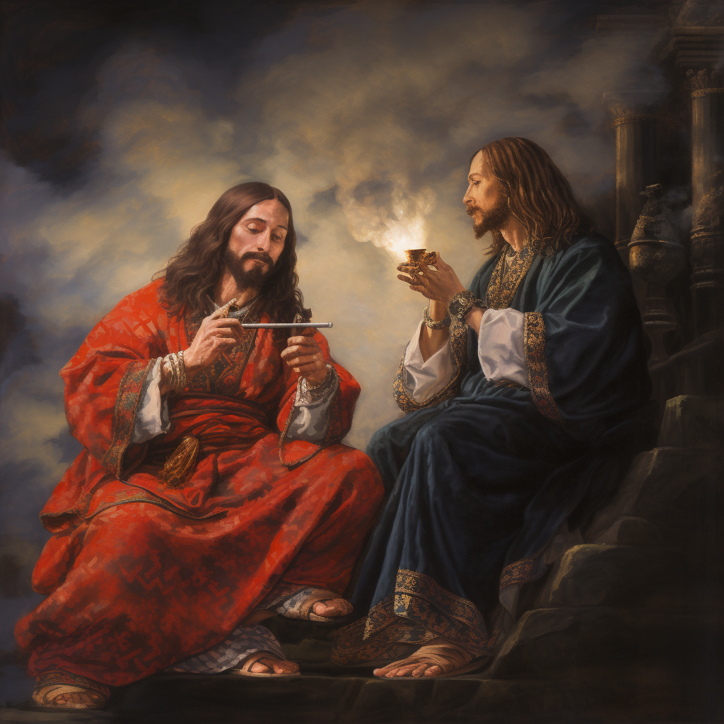 Jesus and Buddah enjoying a bong