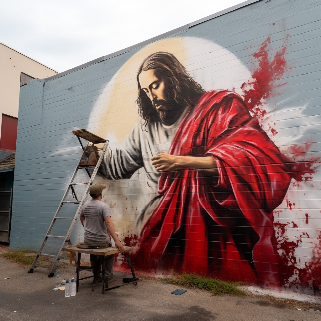 Jesus spray painting the word pray