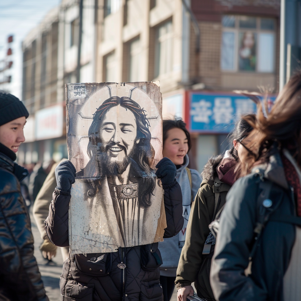 Jesus torn picture among laughing youth