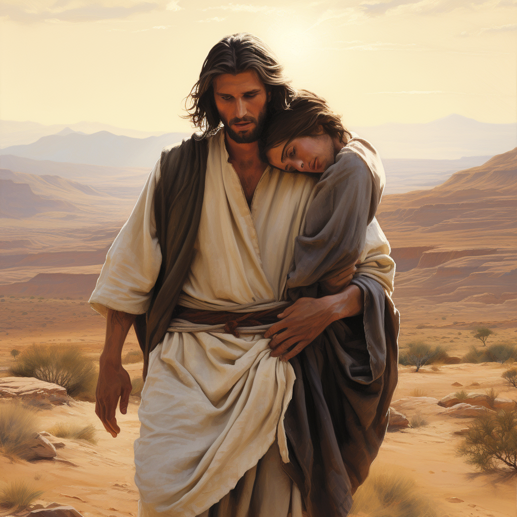 Jesus carrying a hurt man across a desert oasis