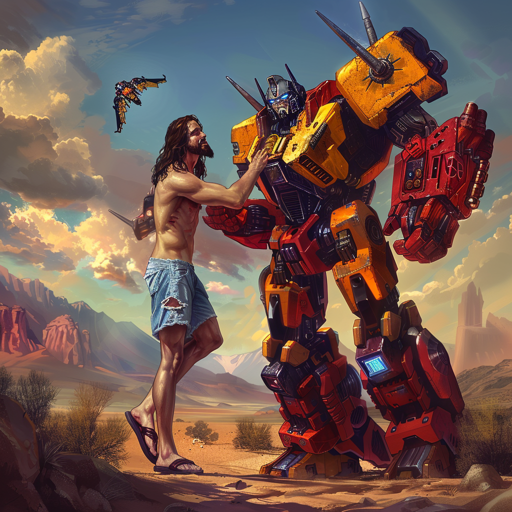 Jesus hugging Rodimus Prime Transformer