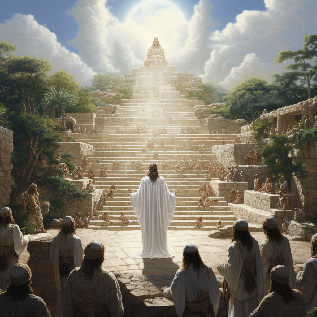 Jesus Christ standing on Mayan temple steps