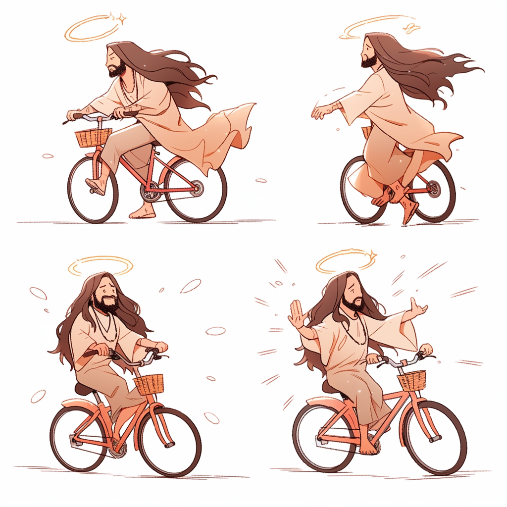 Jesus cycling in various poses