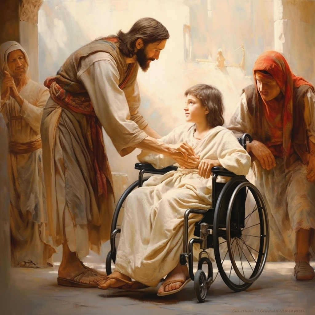 Jesus helping boy into wheelchair