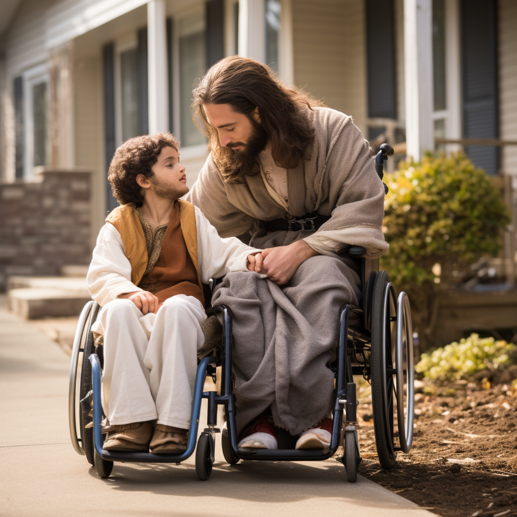 Jesus helping a little boy into a wheelchair