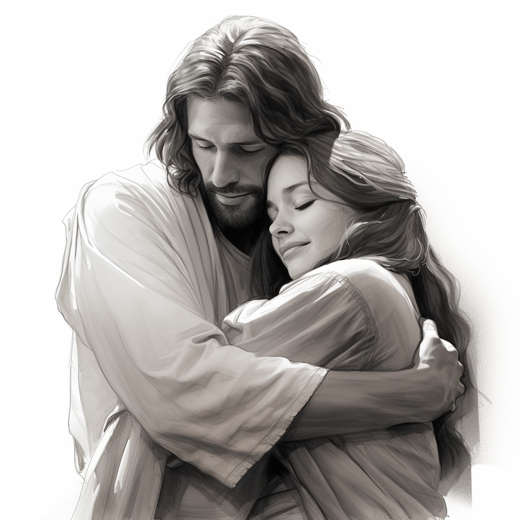 Heartwarming embrace of Jesus and young woman