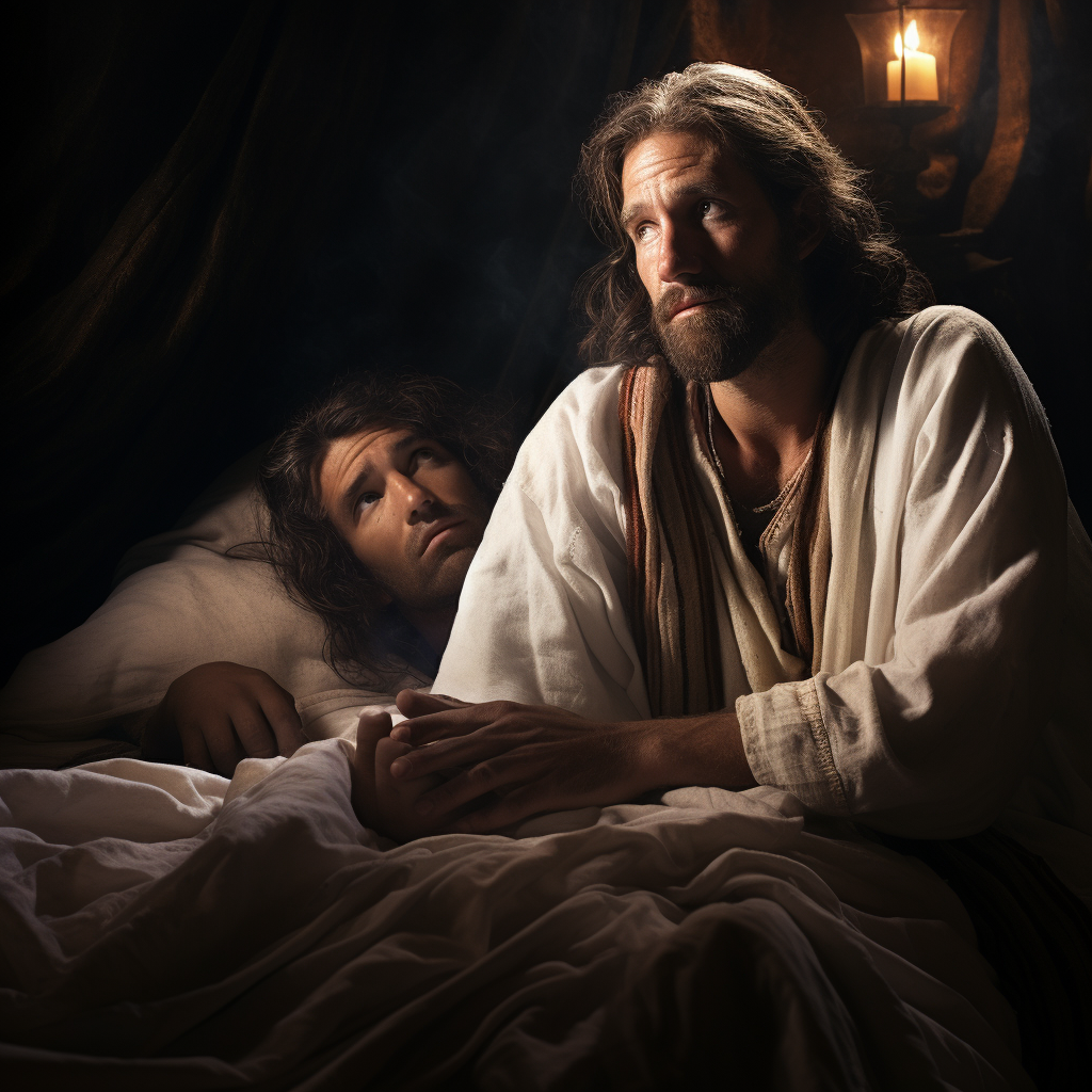 Jesus watching over man sleeping peacefully