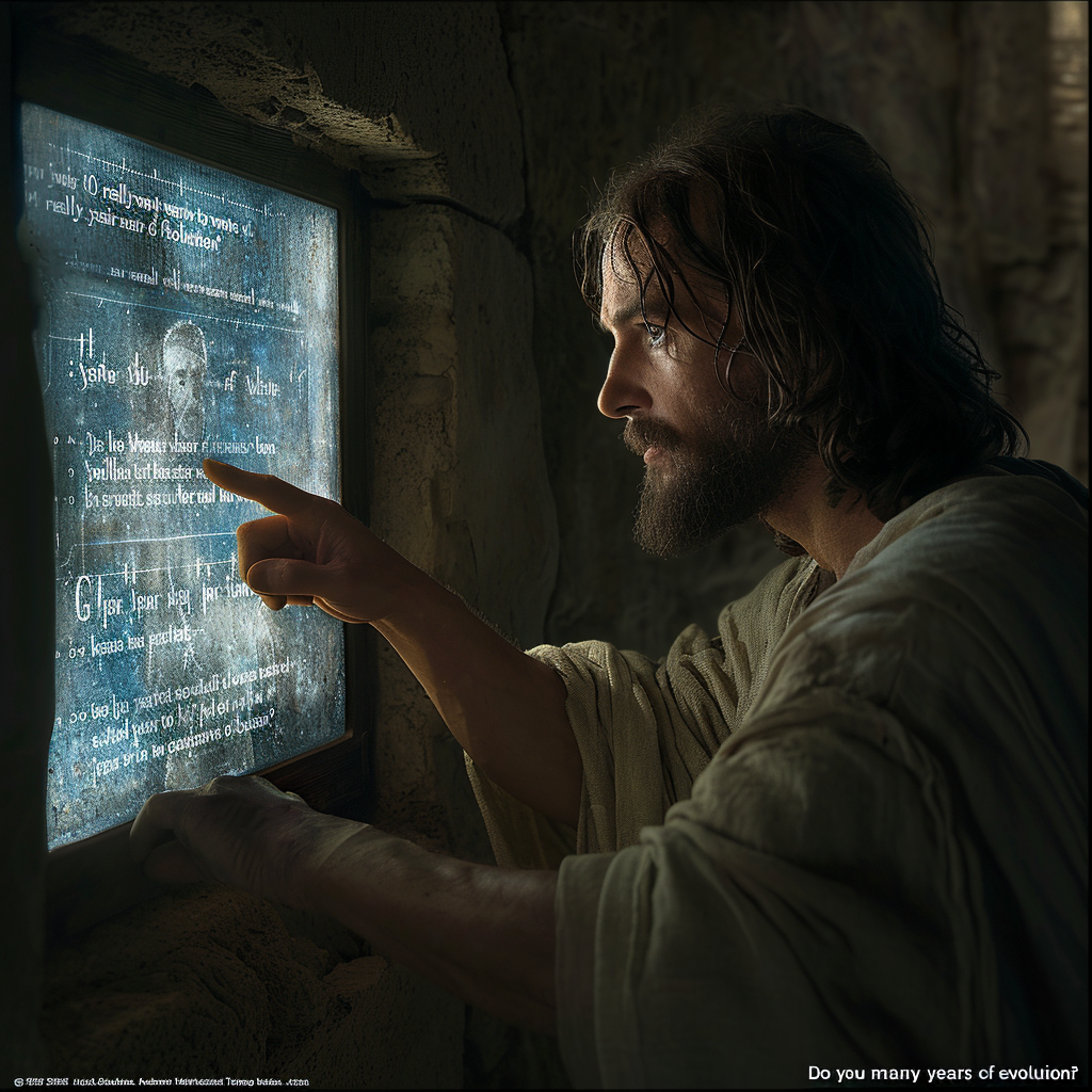 Jesus pointing at screen message