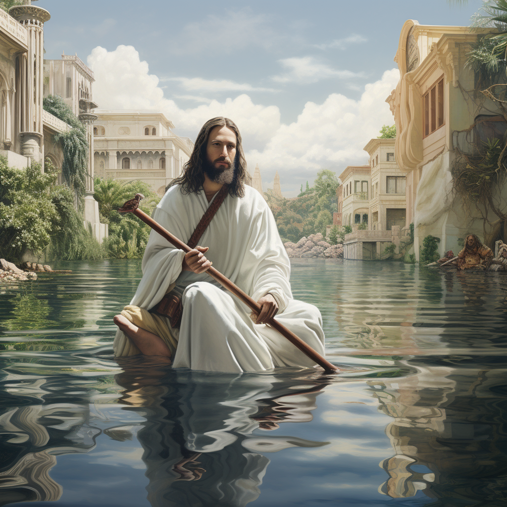 Jesus sitting by a lake with babies