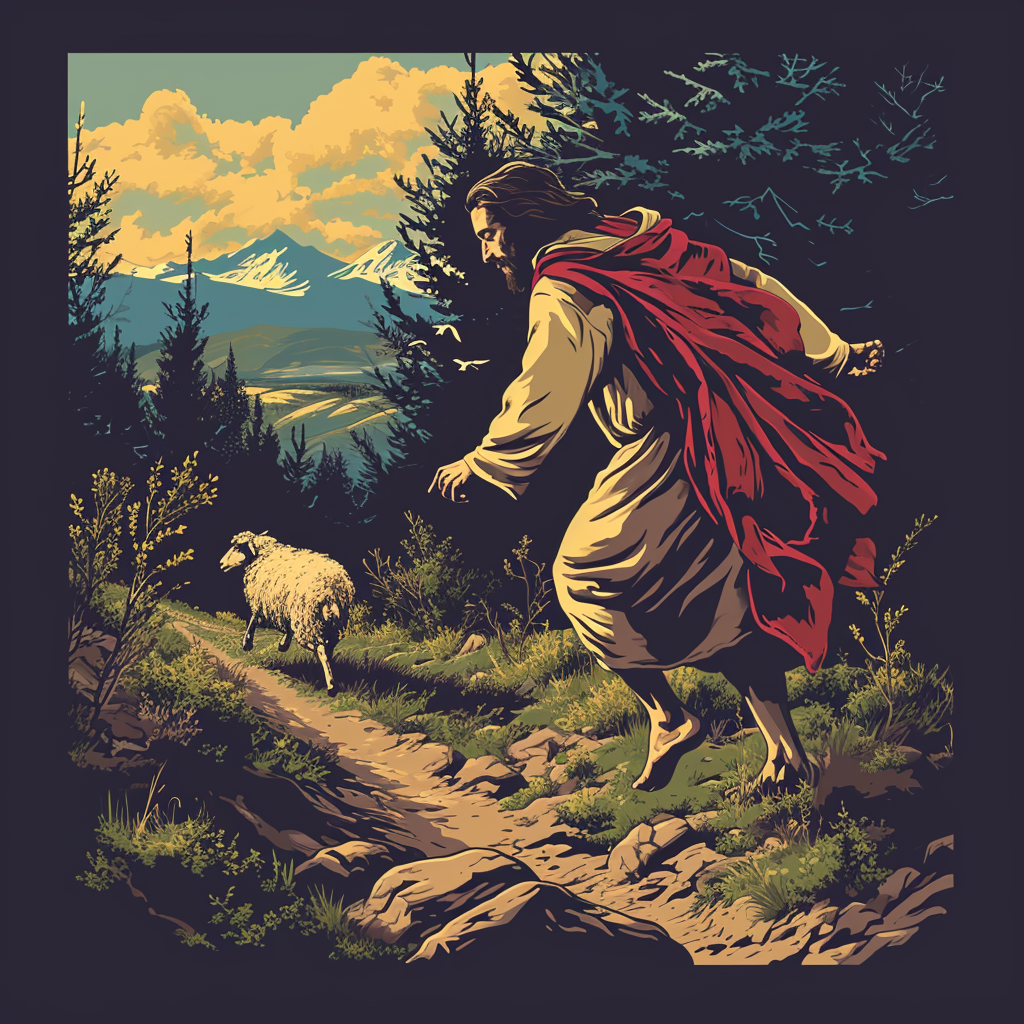 t-shirt design of Jesus chasing a small sheep