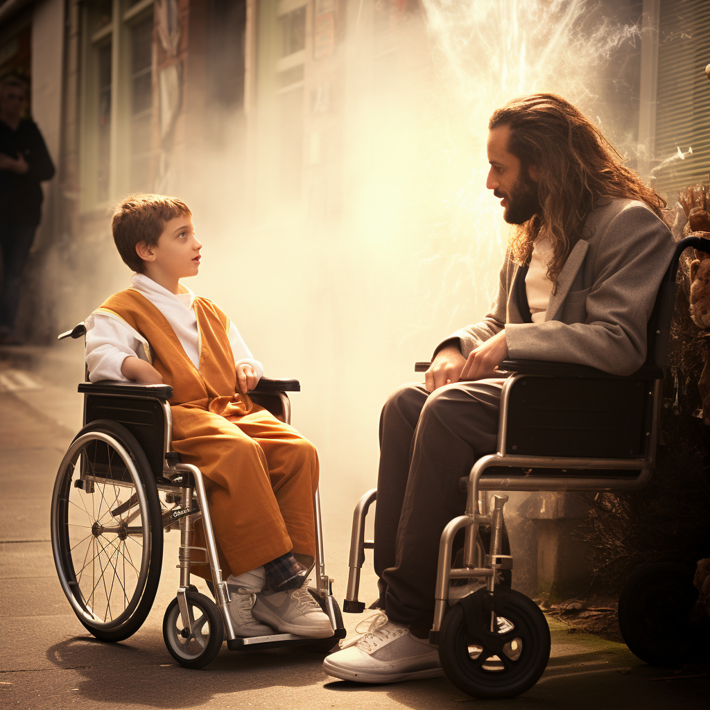 Jesus talking to a boy in wheelchair