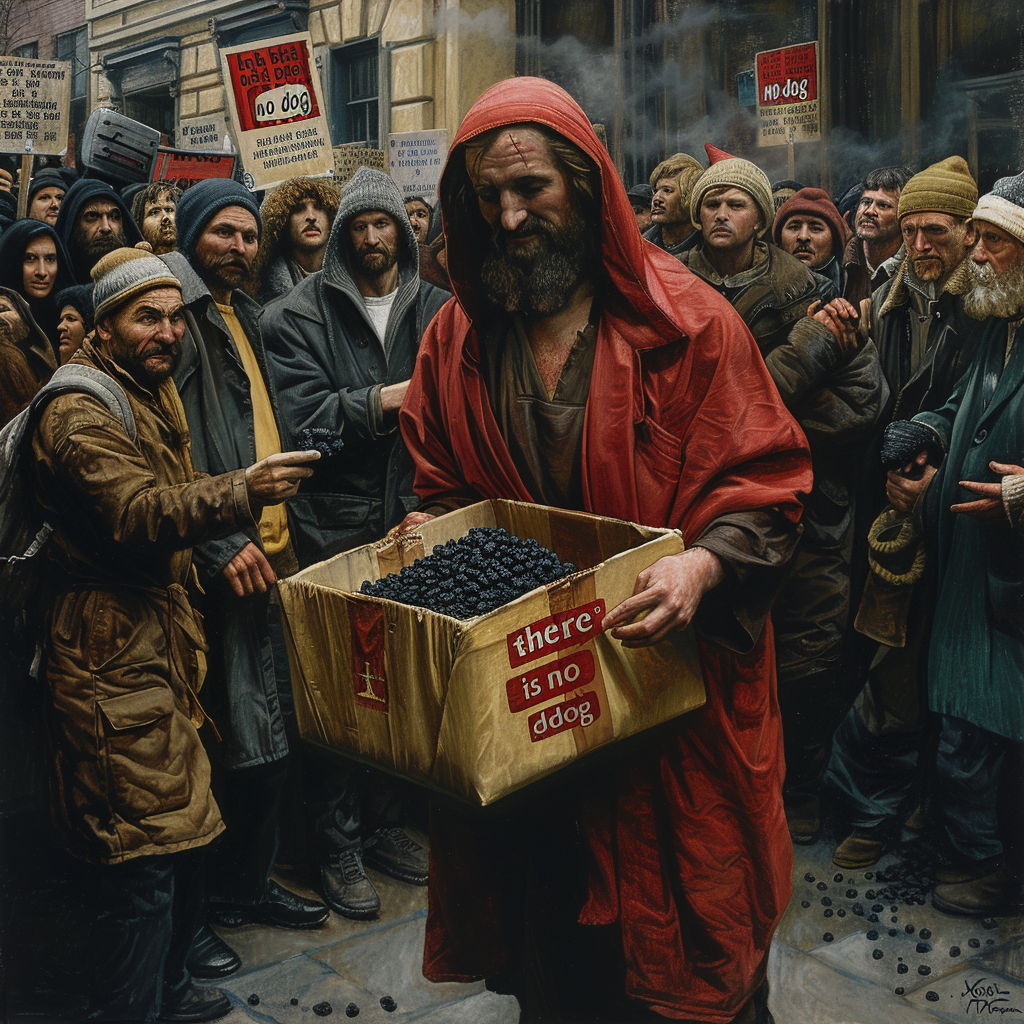 Jesus unwrapping box of coal with God and protesters