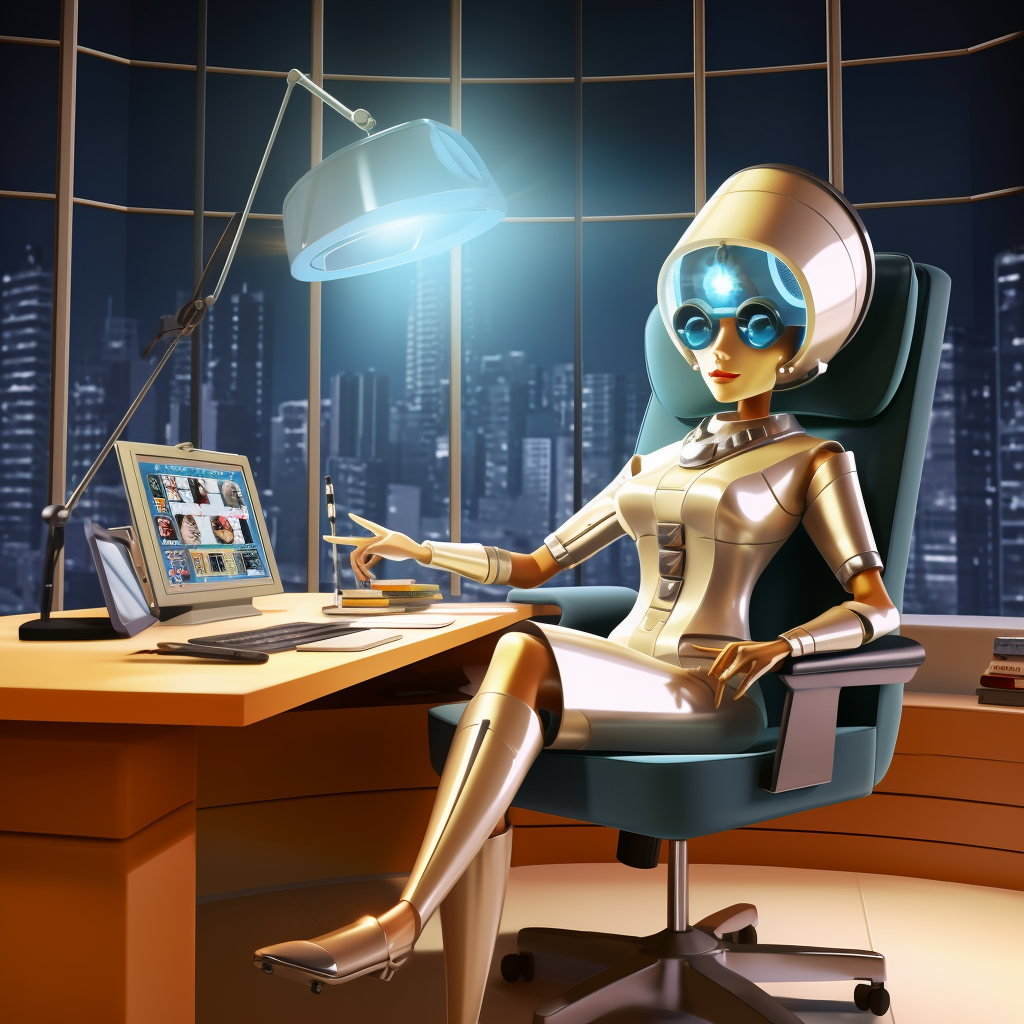 Female robot at desk in executive office