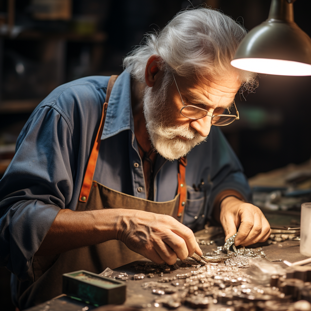 Skilled jeweler intently repairing silver necklace