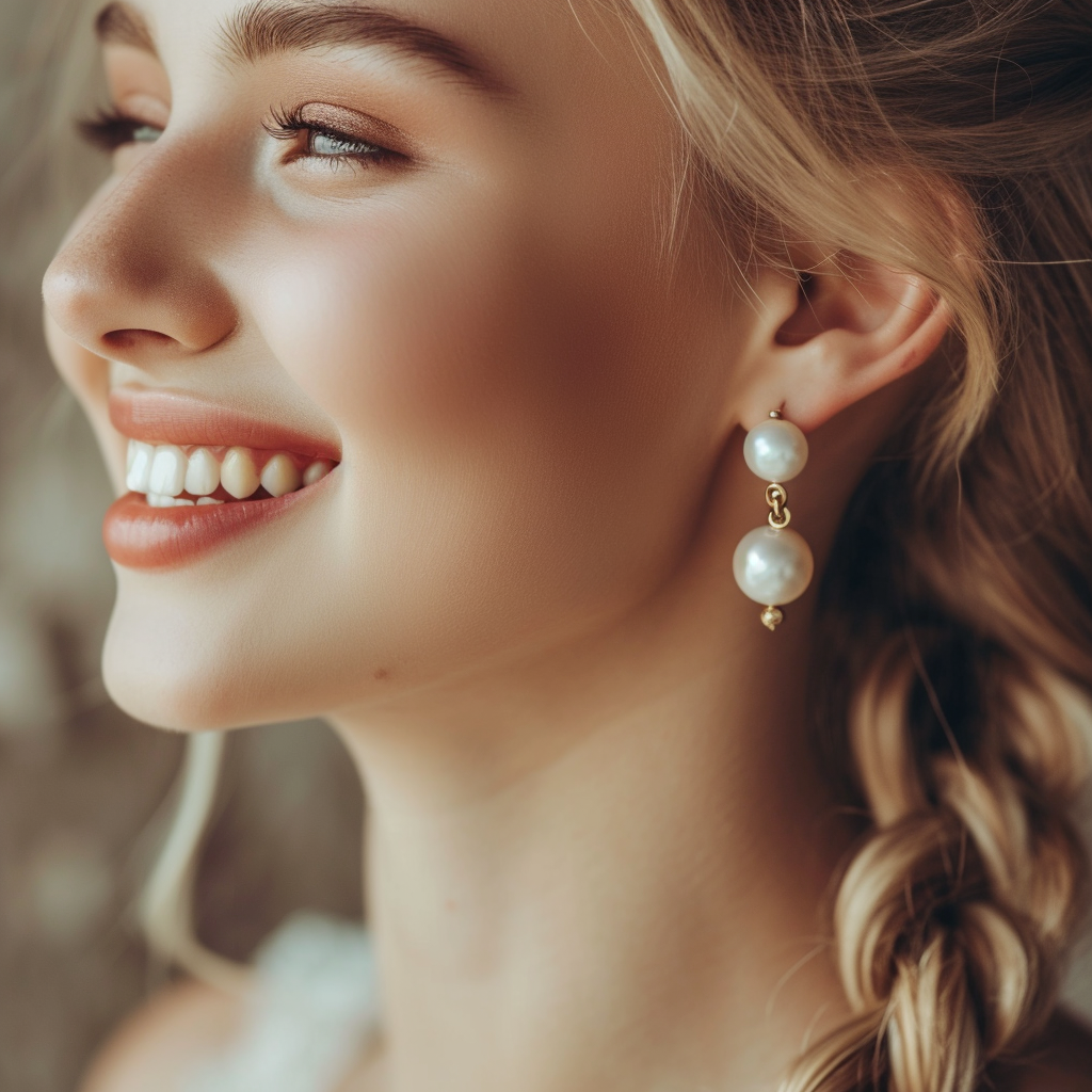 Blonde woman wearing pearl earrings