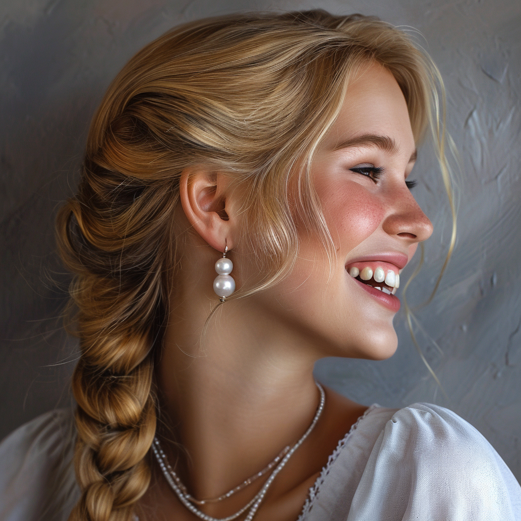 blonde woman with large pearl stud earring