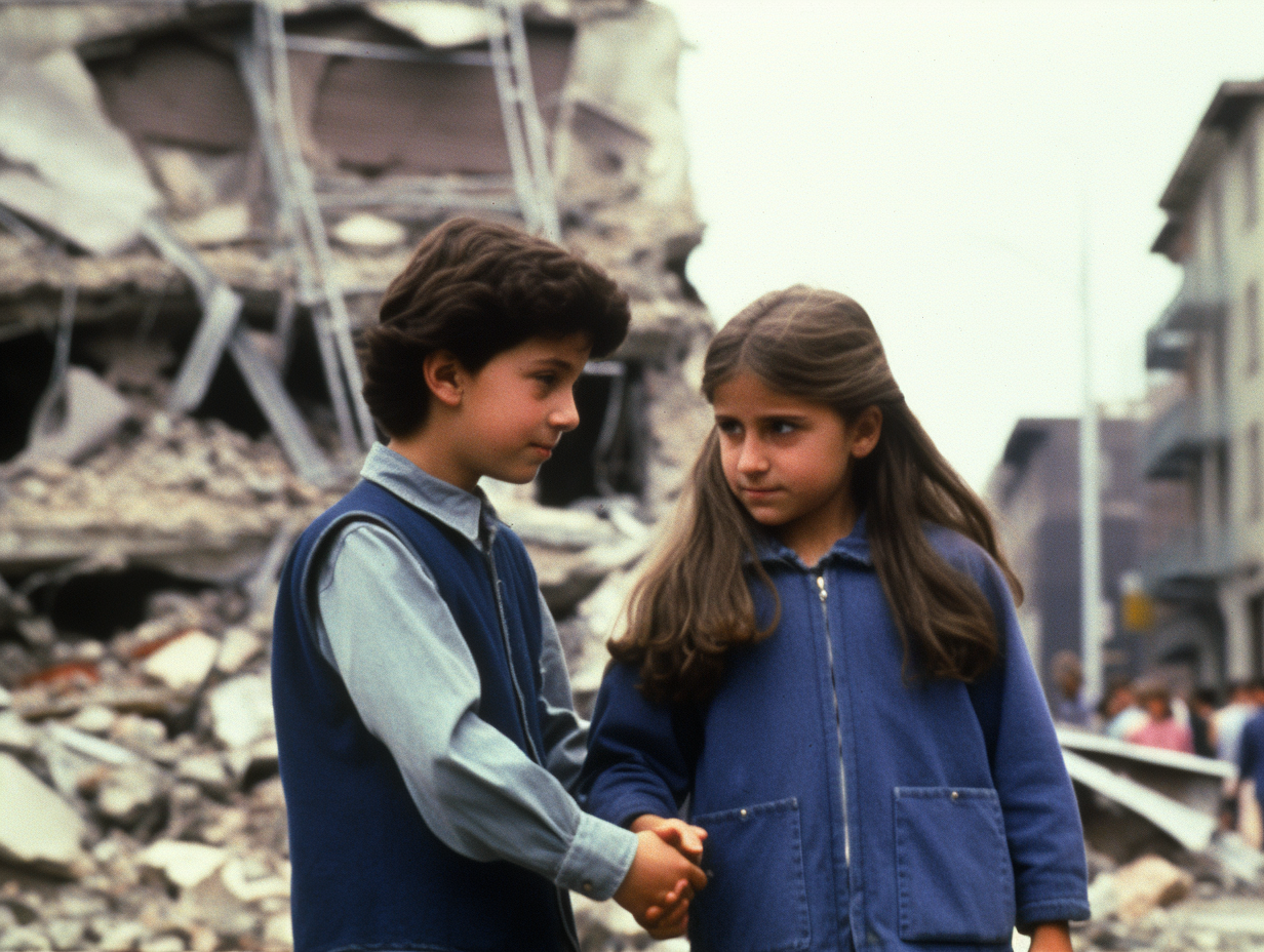 Jewish boy and Muslim girl holding hands amidst collapsed buildings