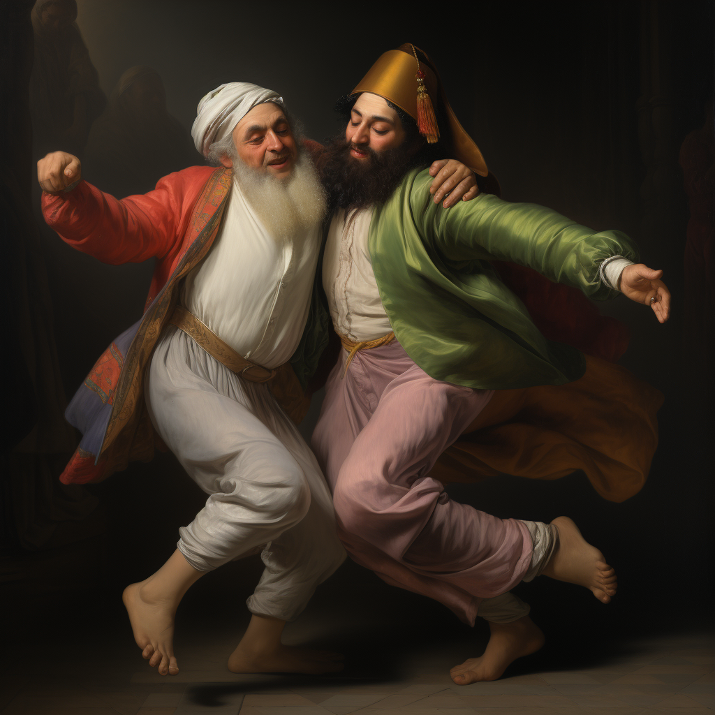 Jewish rabbi and Muslim cleric dancing affectionately