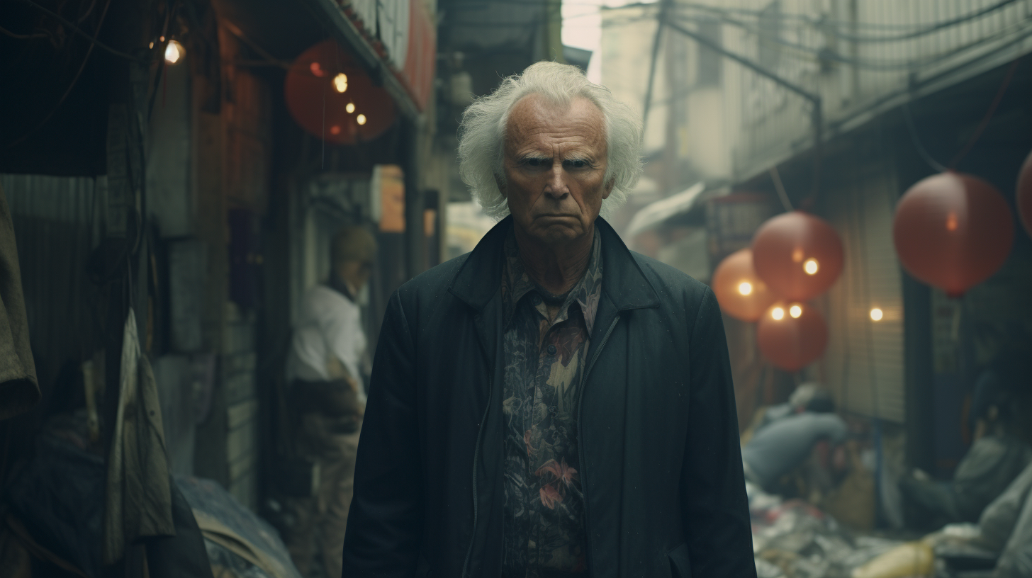 Cinematic still of 80-year-old Jim Morrison in Tokyo