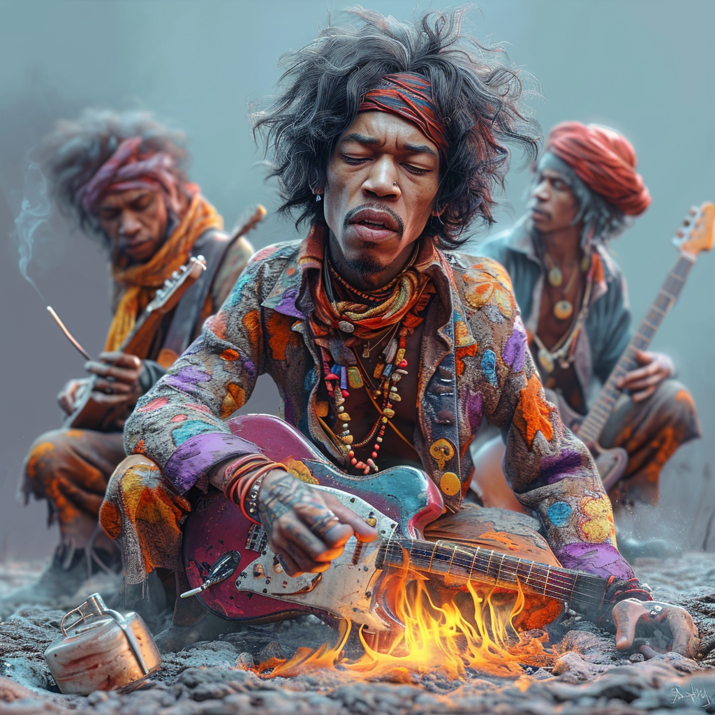 Jimi Hendrix burning guitar spray