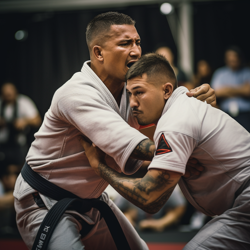 Jiu Jitsu competitors executing Bow & Arrow Choke