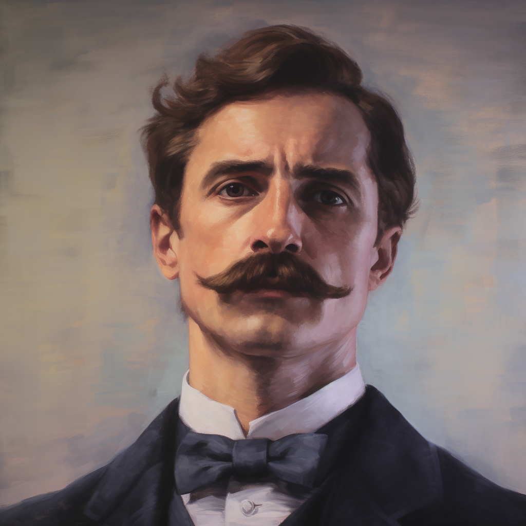 Oil painting of a mustached man in JMW Turner style